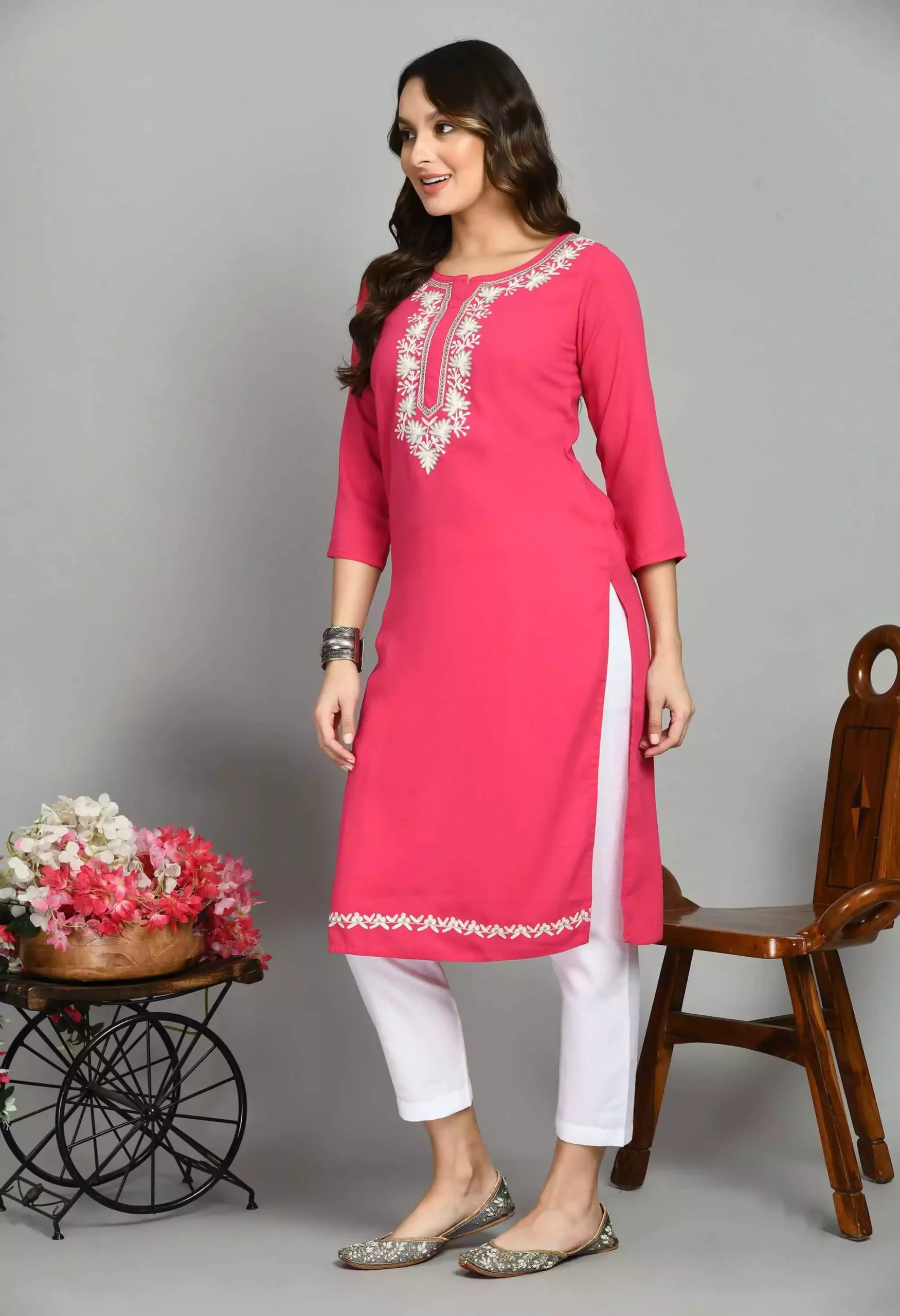 Pink Zari Work Kashmiri Kurti
